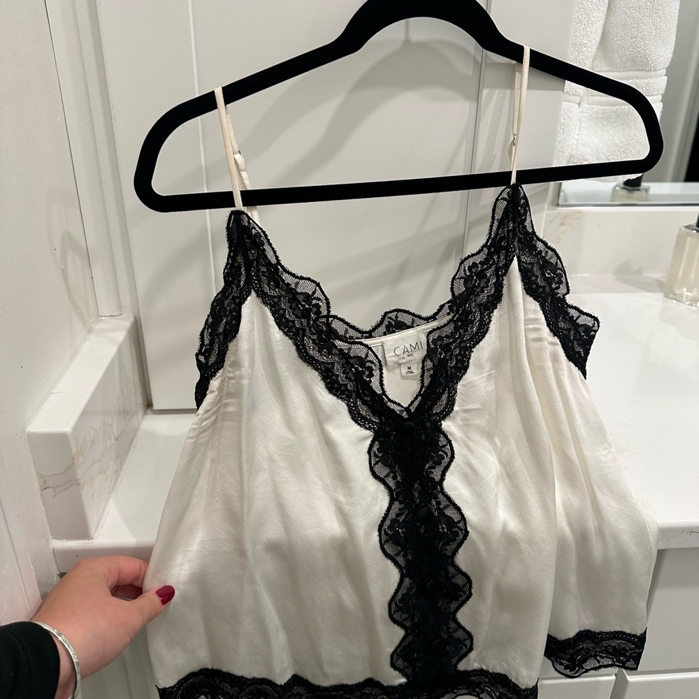 Cami NYC White and Black Lace Trim Top